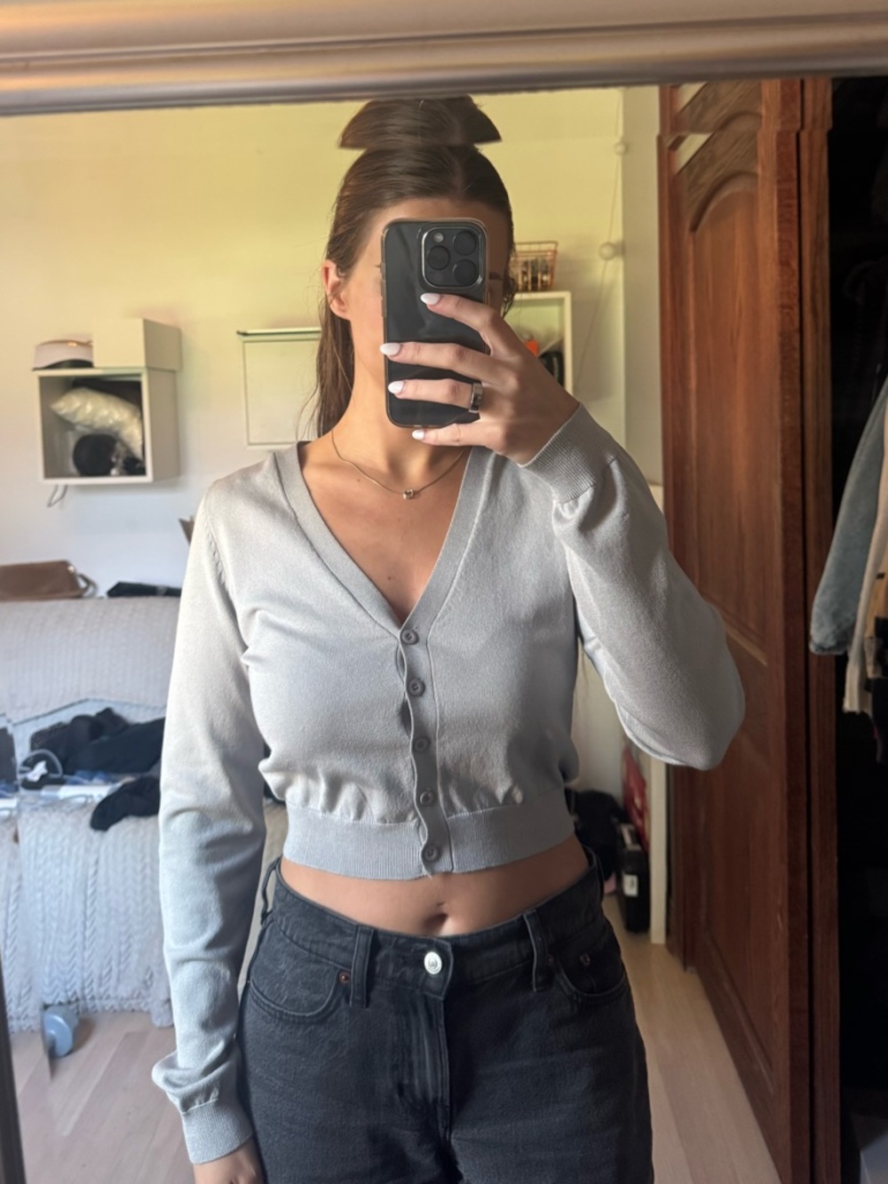 White Fox Boutique Light Gray V-Neck Button Crop Cardigan
